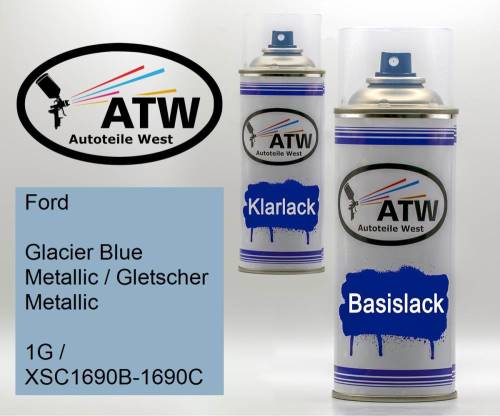 Ford, Glacier Blue Metallic / Gletscher Metallic, 1G / XSC1690B-1690C: 400ml Sprühdose + 400ml Klarlack - Set, von ATW Autoteile West.